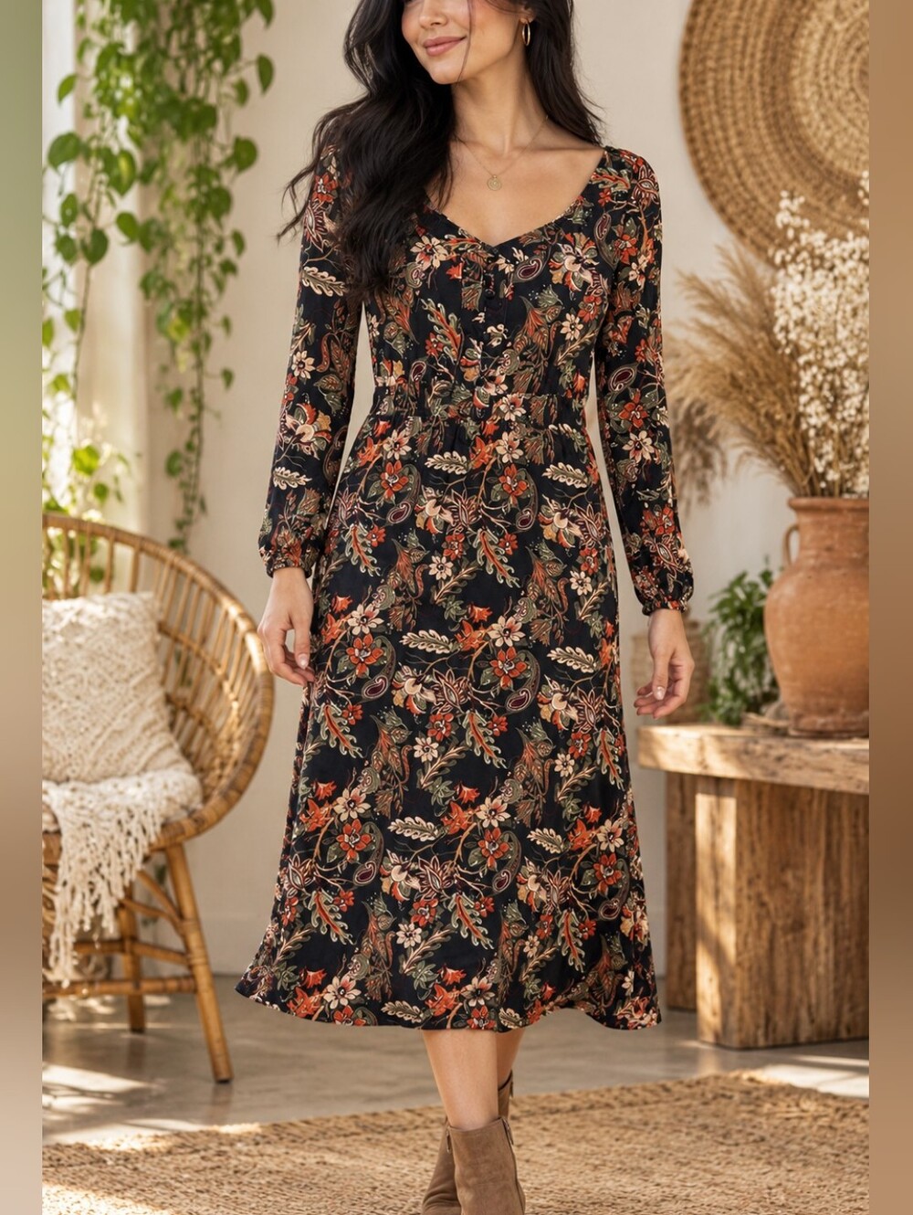MEXX  Floral Long Sleeve Midi Dress Women's Size XS